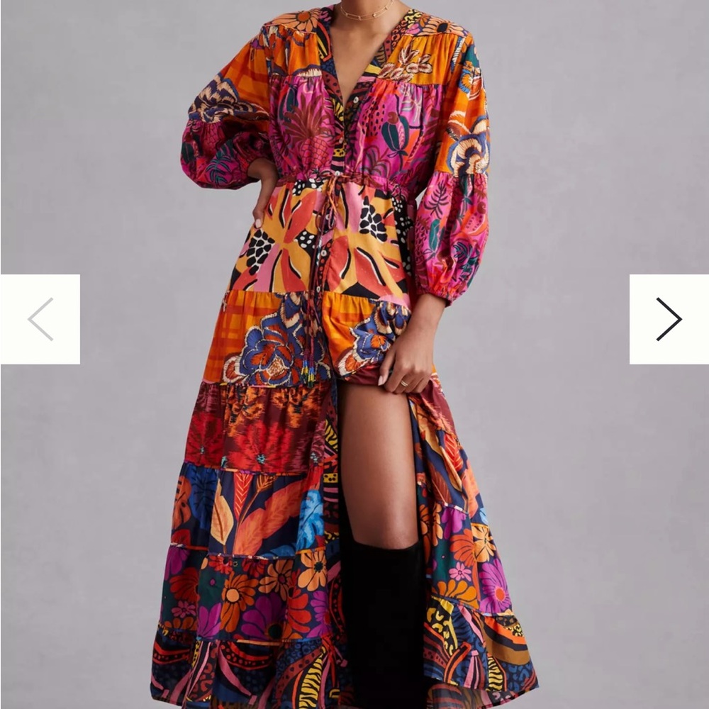 FARM RIO | Orange and Purple V-Neck Bishop Sleeve Sundress